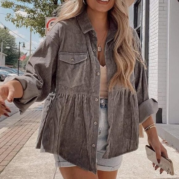 Jackets & Blazers - Woman's Taupe Corduroy Lightweight Ruffled Jacket‎ size XL